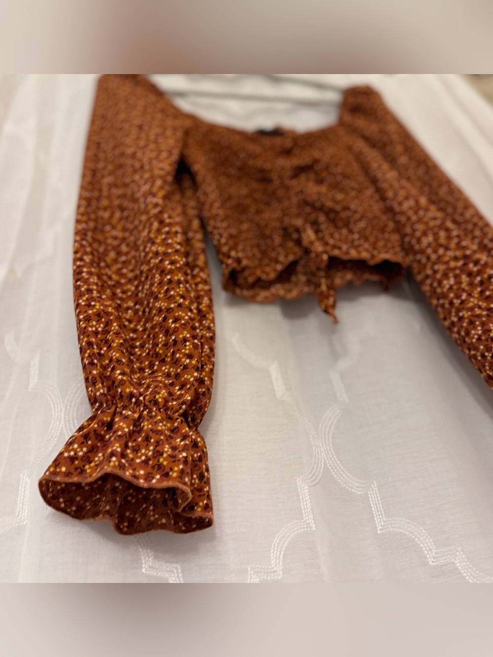 Hesperus Small Rust Floral Ruched Puff Sleeve Crop Top - Picture 7 of 9
